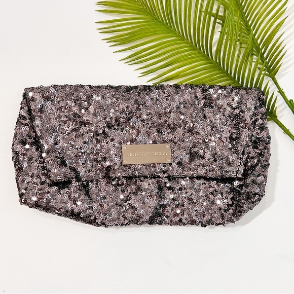 Victoria's Secret Handbags - Victoria's Secret silver clutch sequin bag purse Evening Make Up  Fold 10" wide